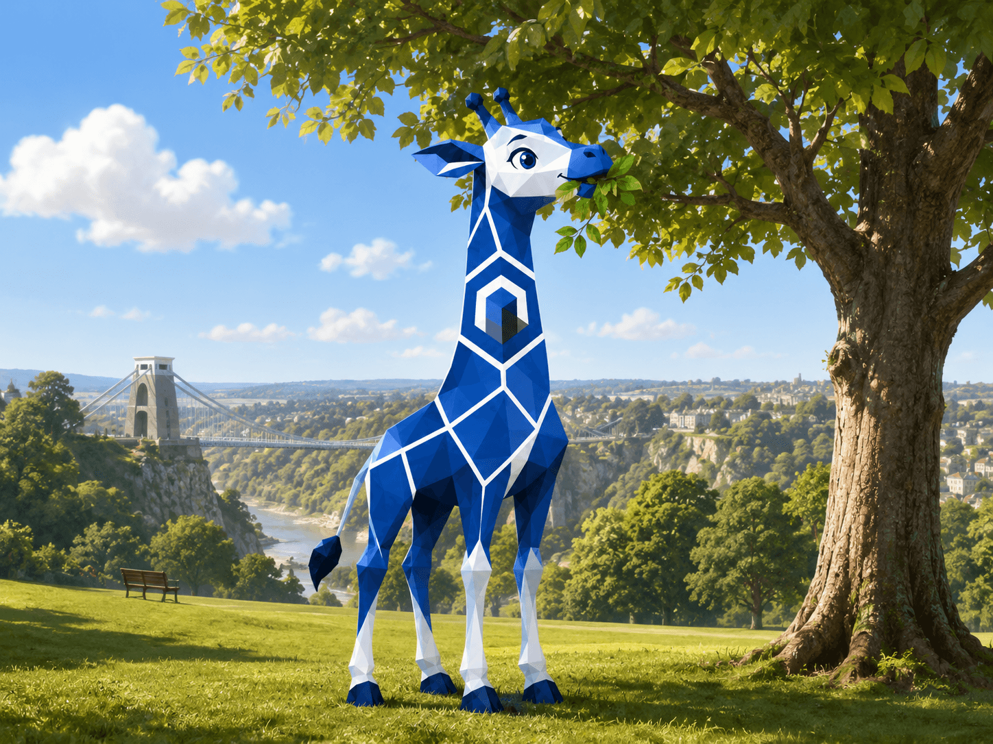 Flix, the Splix mascot, on Clifton Downs overlooking the Suspension Bridge
