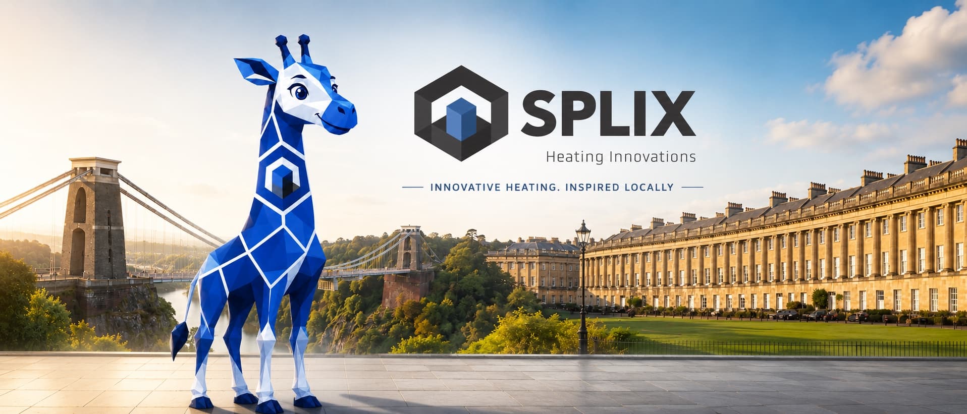 Splix Heating Innovations — Flix, the Splix giraffe, beside Bristol's Clifton Suspension Bridge and Bath's Royal Crescent. Innovative heating, inspired locally.