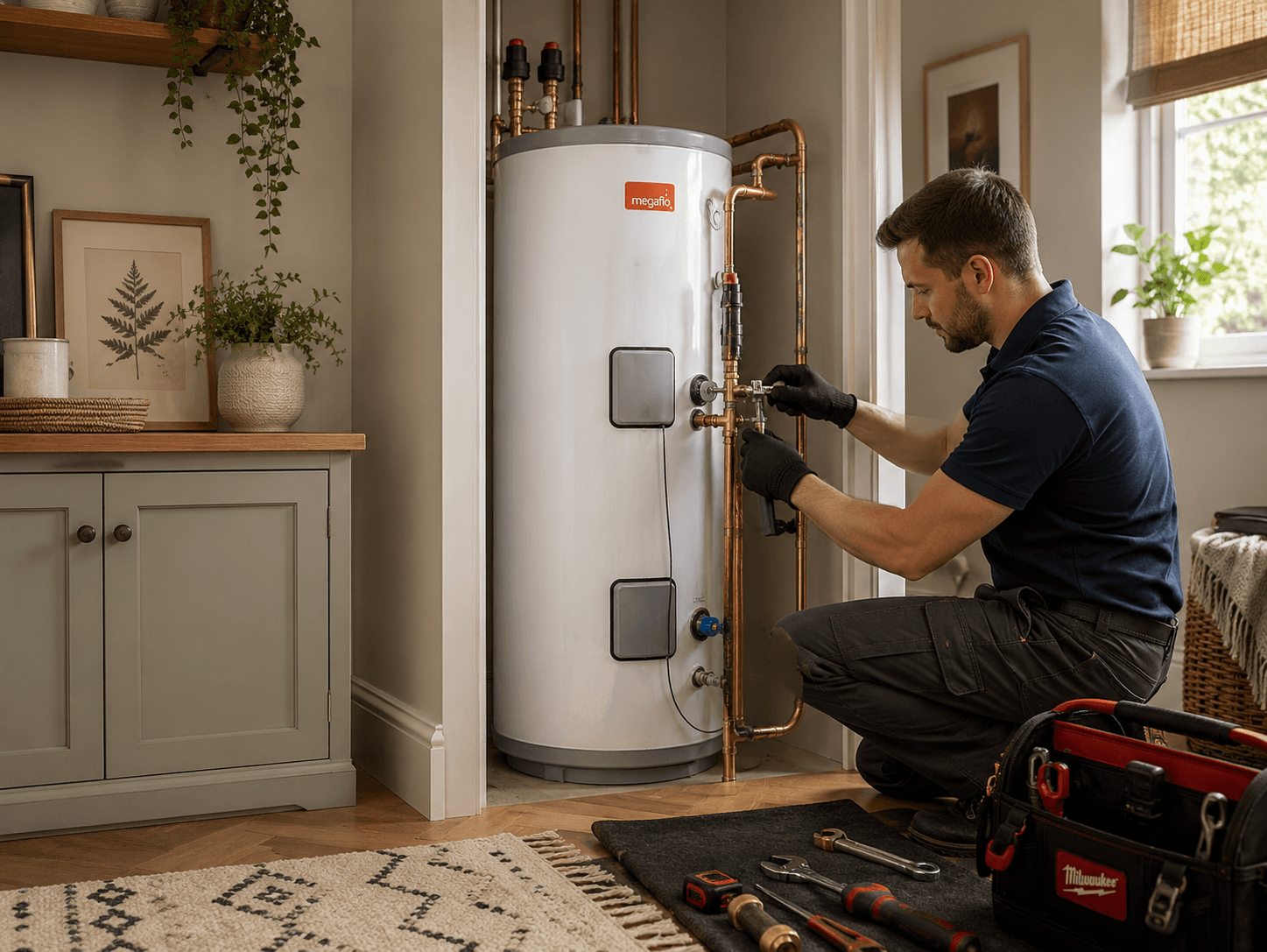 Engineer connecting copper pipework to a Megaflo unvented cylinder