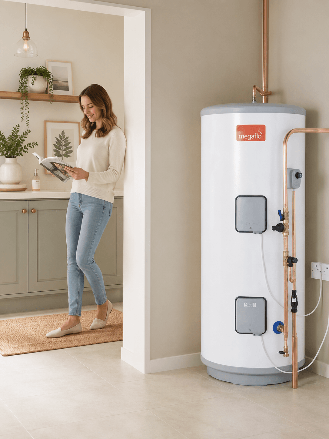 Homeowner relaxing at home with an unvented cylinder installed neatly in a cupboard nearby