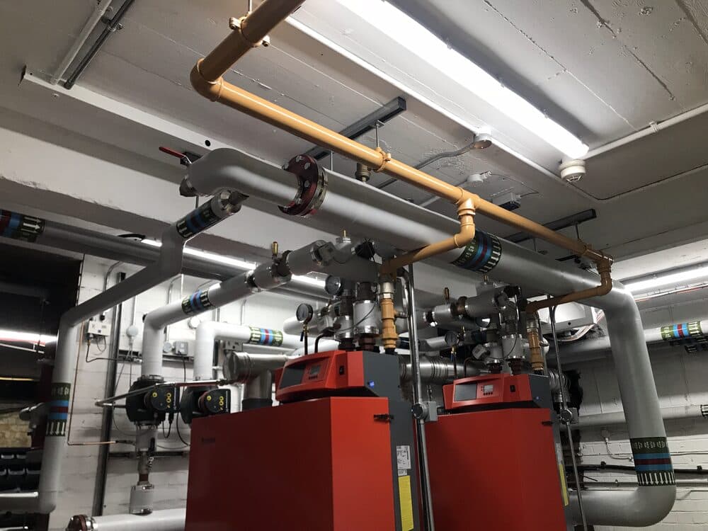 Commercial boiler plant room, wide view