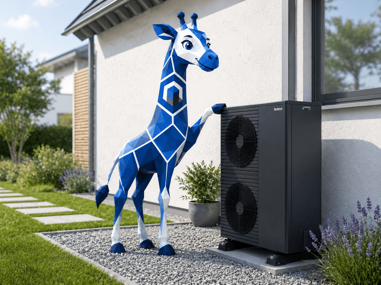 Flix, the Splix mascot, with a hand on an air source heat pump outdoor unit