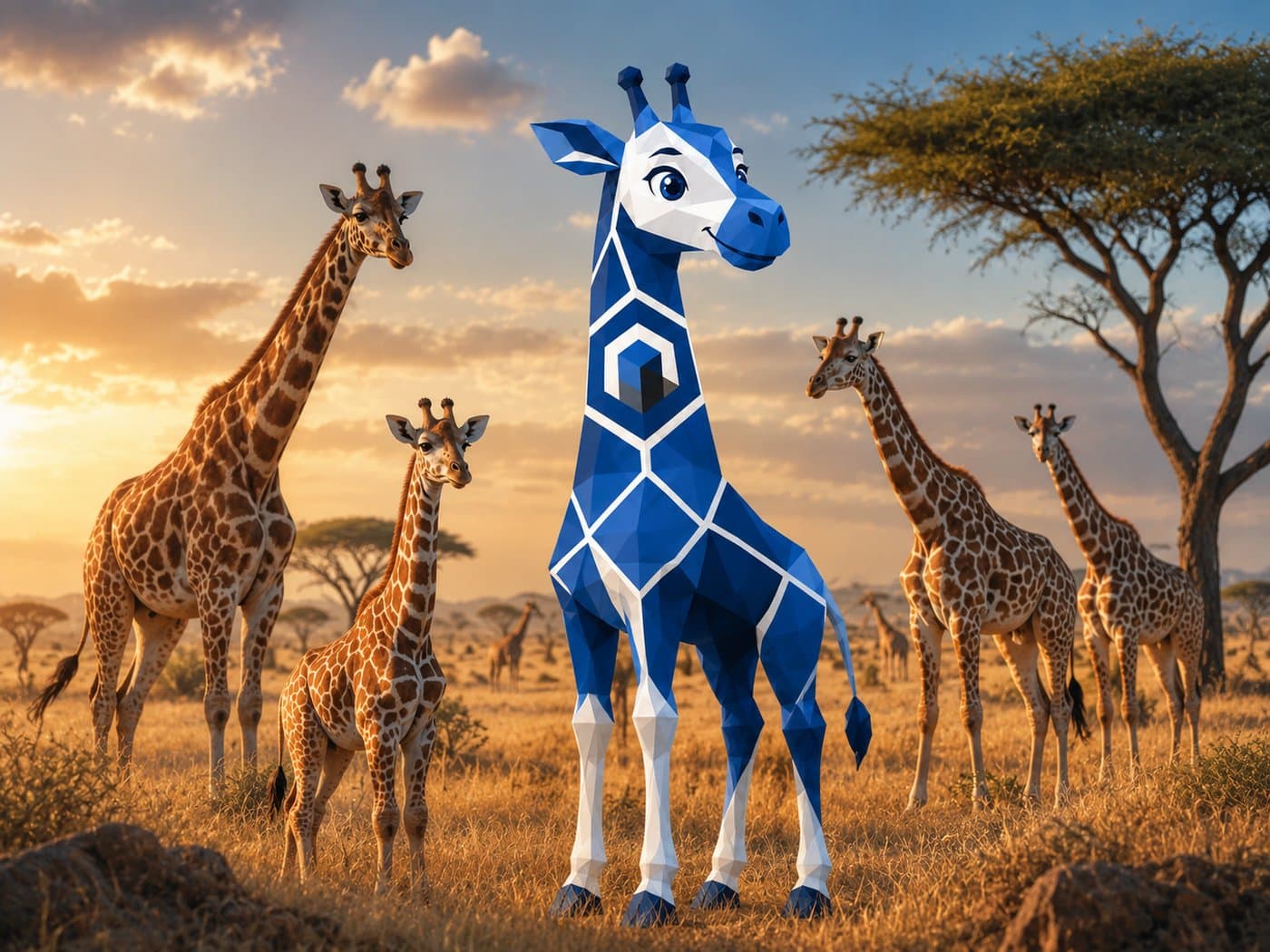 Flix, a blue low-poly giraffe, standing among a family of real giraffes on the savanna at sunset