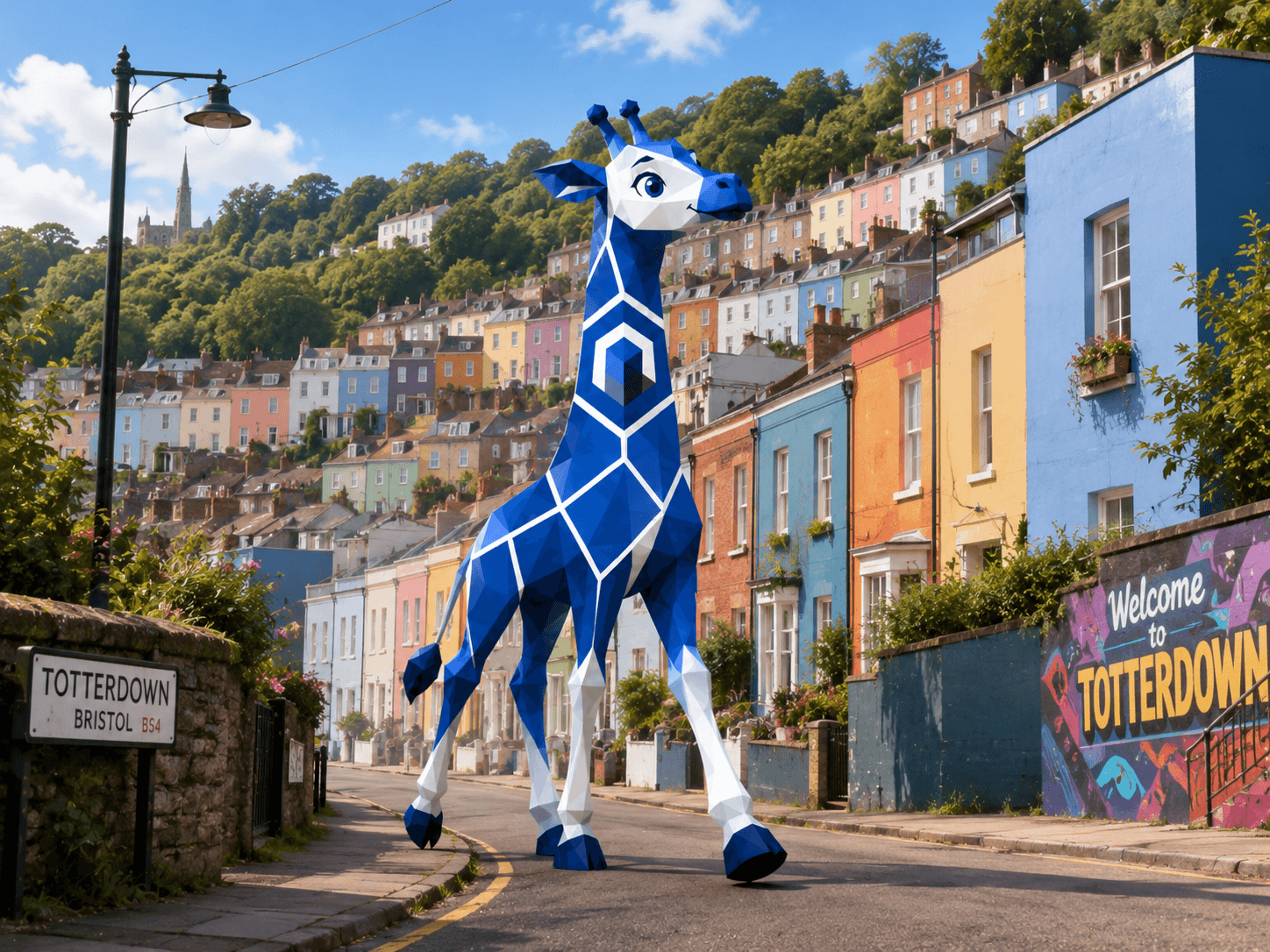 Flix, the Splix mascot, on the colourful streets of Totterdown, Bristol