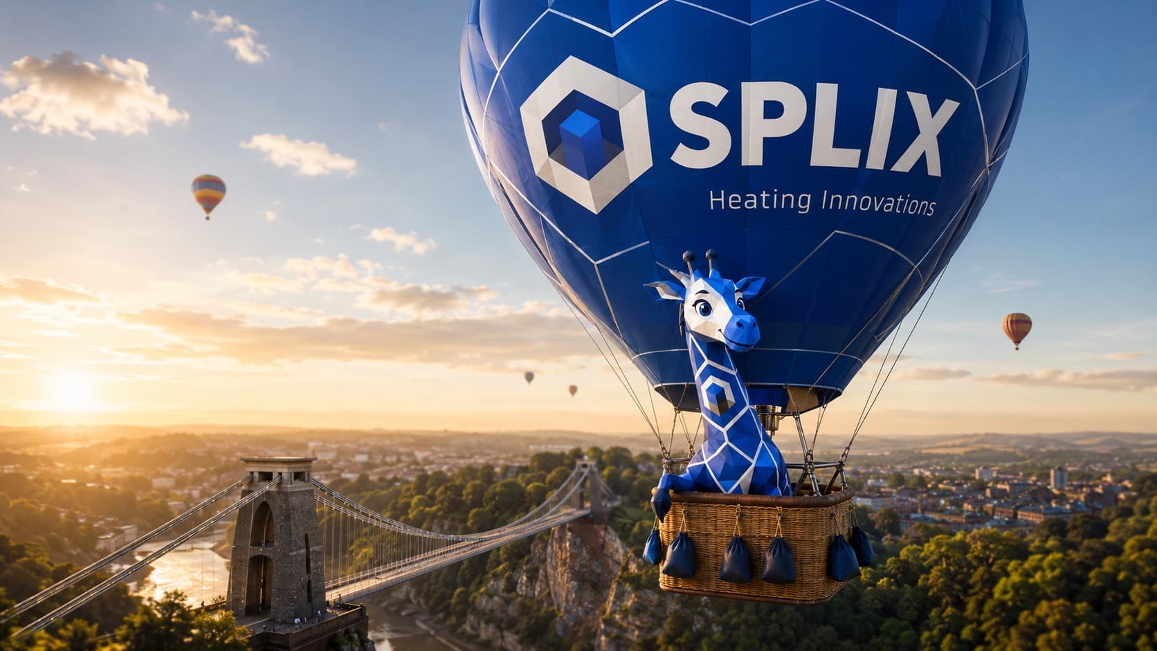 Flix, the Splix mascot, soaring over Bristol's Clifton Suspension Bridge in a Splix hot air balloon