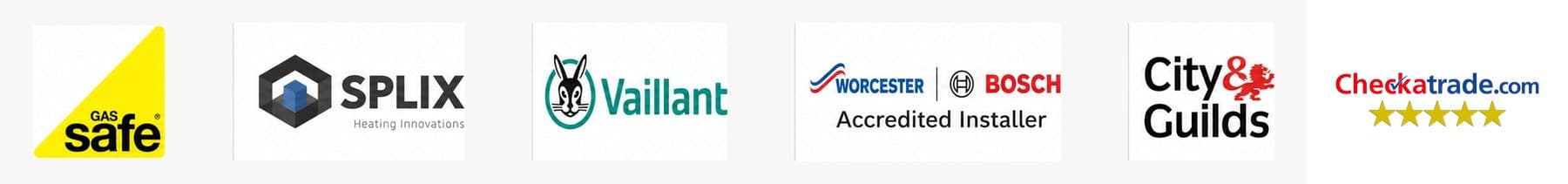 Gas Safe Register, Splix Heating Innovations, Vaillant, Worcester Bosch Accredited Installer, City & Guilds and Checkatrade accreditation logos